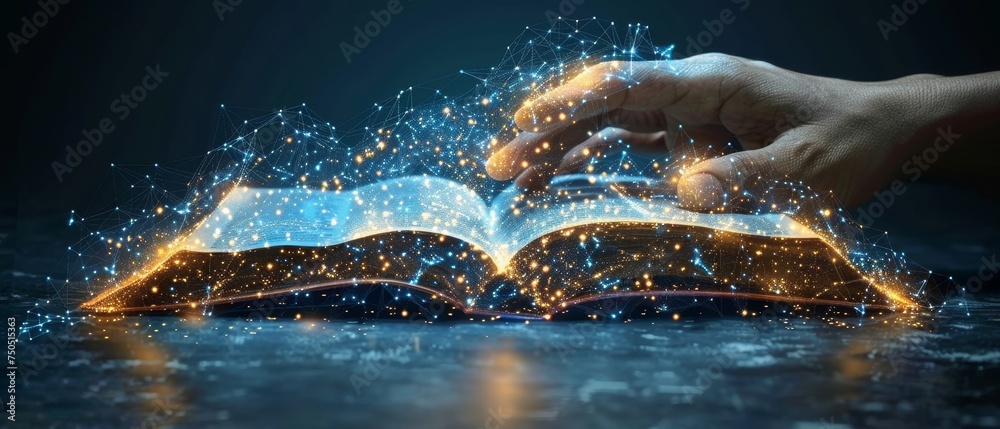 Aufkleber hand touching a book. low poly wireframe concept with an open book. digital illustration. online rea