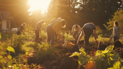 People working together in a community garden fertilize the soil with compost - 750515332
