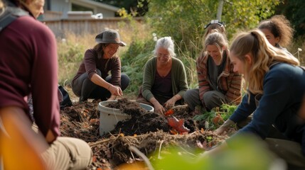 People using compost in community garden for sustainable gardening - 750515391