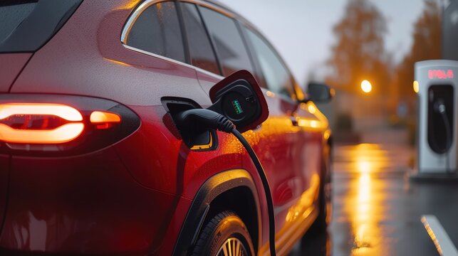 Closeup of electric car charging. High-quality image depicting modern transportation concept.
