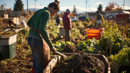 People working together in a community garden fertilize the soil with compost - 750515519
