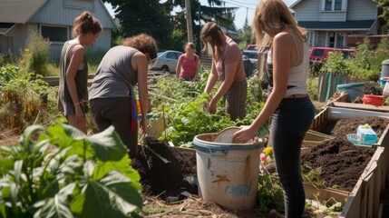 People using compost in community garden for sustainable gardening - 750515529