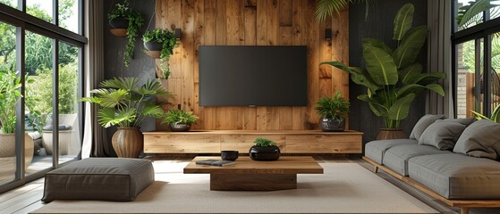 A minimalist living room with a TV on an unadorned wall. Furniture, laminate cabinet, white floor, and 3D rendering. - obrazy, fototapety, plakaty