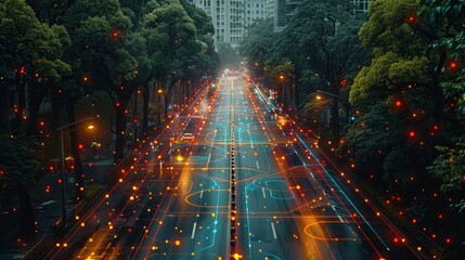 Flyover road automatic sensing system with radar signal system. Conceptual design for smart city commute transportation network. - obrazy, fototapety, plakaty
