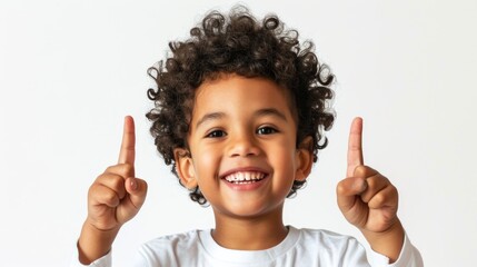 portrait of a person, Portrait of a black kid with curly hair smiling and pointing up isolated on white background, 