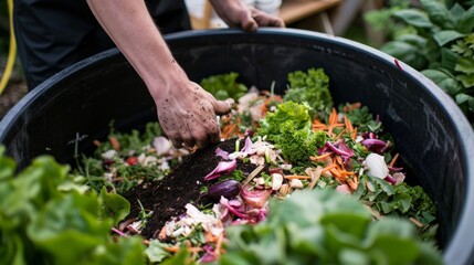 Composting food scraps from the kitchen to create compost for a sustainable garden - 750515732