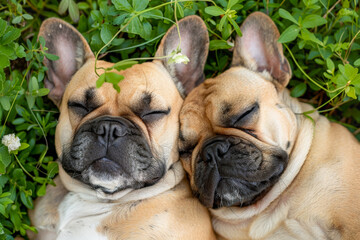 Two French bulldog lying on green grass, top view - Powered by Adobe