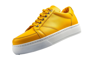 Mock up for design advertising for shoe store of a flying yellow leather womens sneaker on a white background. Sporty stylish sports casual shoes. Innovative minimalistic design.