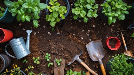Gardening tools on fresh soil in the garden as a symbol of seasonal gardening works - 750515986