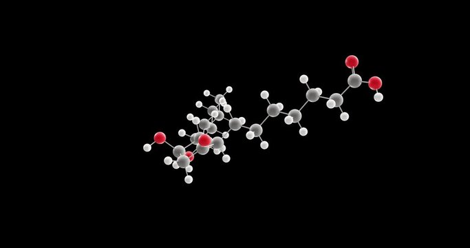 Prostaglandin E1 molecule, rotating 3D model of alprostadil, looped video on a black background