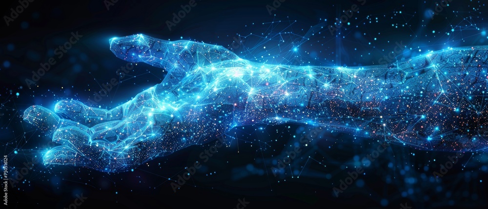 Poster low poly blue robot arm and hand illustration with a touch technology concept. image in rgb color mo