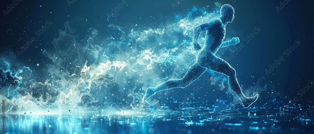 Poster abstract polygonal blue man in motion. low poly man in motion.