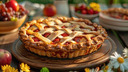 A close-up shot of a traditional May Day pie with a lattice crust, revealing the rich filling of seasonal fruits, placed on a picnic table amidst a festive setting