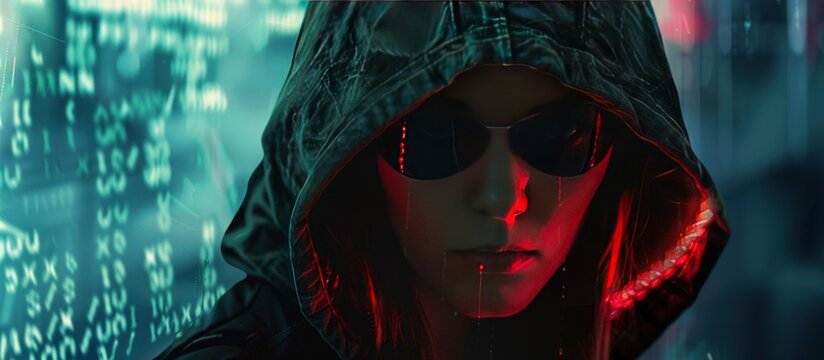 A cyberpunk female hacker wearing hoodie and glasses on neon background. AI generated image