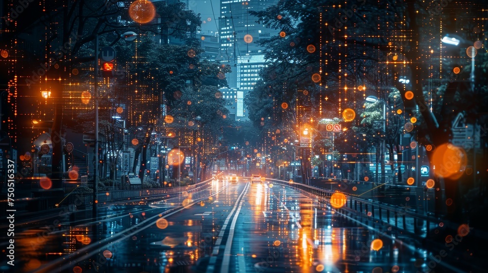 Aufkleber A smart car, internet of things and autonomous self-driving mode. This is a rendering of an Internet of Things vehicle on a metro city road using a graphic sensor radar signal system and a connected