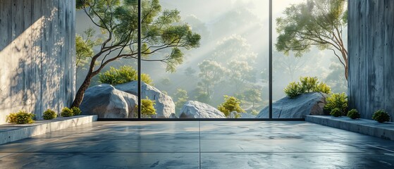 This is a 3D rendering of an empty concrete room with a large window against a natural background.