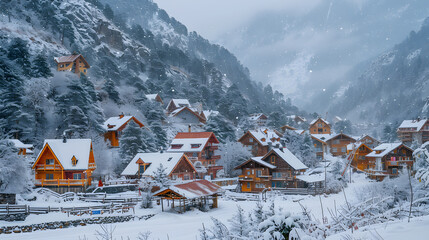 A quaint mountain village, with colorful chalets as the background, during a snowstorm