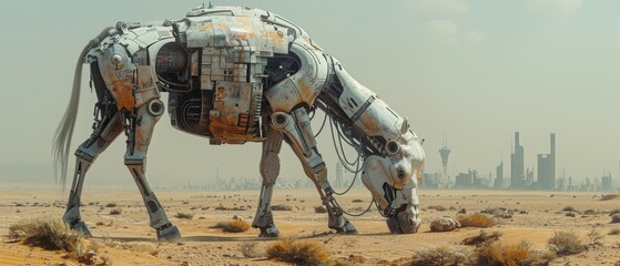Naklejka premium Animal robot walking through desert. A futuristic landscape with a silhouetted city on the horizon. Apocalyptic nature. A robotic mechanical cyborg horse or camel. A tired Bionicle horse with