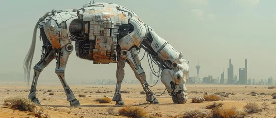 Fototapeten Animal robot walking through desert. A futuristic landscape with a silhouetted city on the horizon. Apocalyptic nature. A robotic mechanical cyborg horse or camel. A tired Bionicle horse with © Zaleman