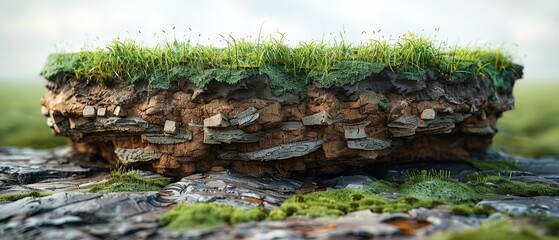 Round cross section of soil ground with green grass and earth ground, realistic 3D rendering circle cutaway terrain floor with isolated rocks - obrazy, fototapety, plakaty
