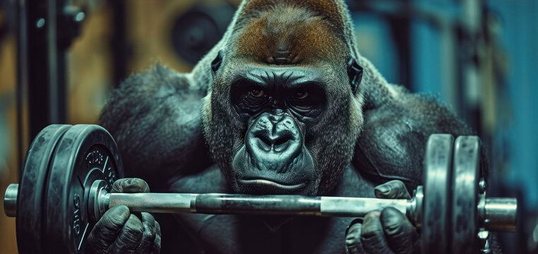 big strong gorilla holding lifts a light barbell, looking shyly at the camera, banner, poster