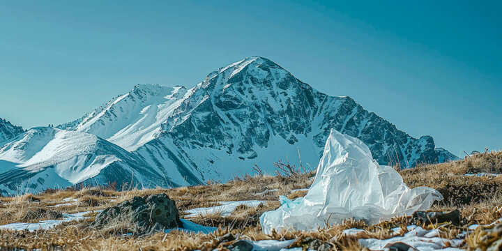 Plastic bag waste in front of a mountain background, environment pollution concept