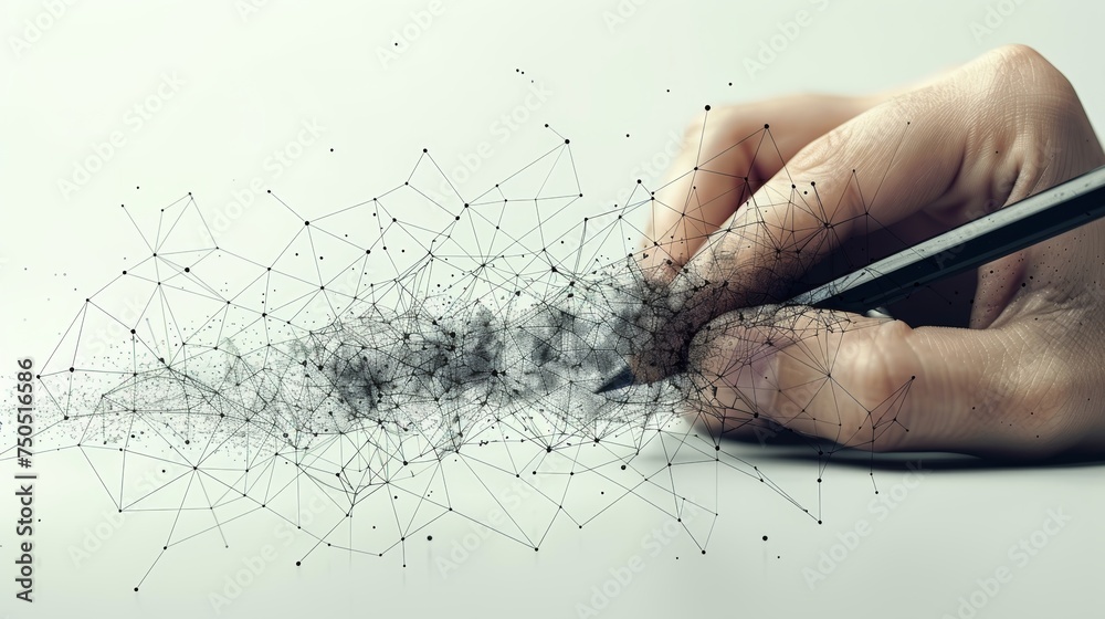 Aufkleber Isolated  illustration of abstract pencil writing by a child. Low poly design. Abstract geometric background. Wireframe light connection structure. Modern 3D graphic concept.