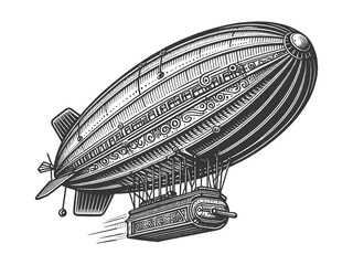 Airship in steampunk style sketch engraving generative ai raster illustration. Scratch board imitation. Black and white image.