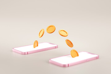 Mobile banking concept, coin moving from smartphone to other cellphone, online money transfer, 3D rendering.
