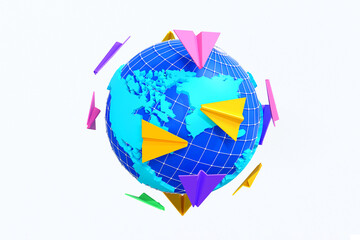 Many paper plane flying around the world, travel and vacation or worldwide connectivity, 3D rendering. - 750516581