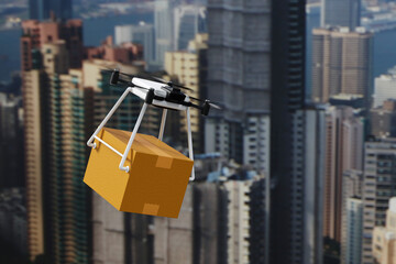Drone delivering parcel box in urban city, futuristic express delivery, 3D rendering.