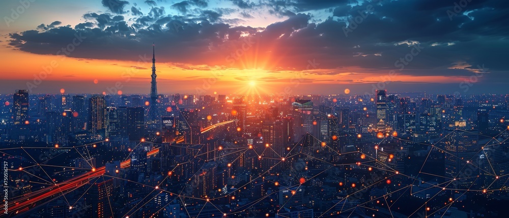 Fototapete A smart city with a wireless network and an internet of things, an abstract image visual.
