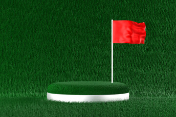 Green grass podium with red flag for product show, 3D rendering.