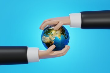 Businessman hand holding earth world revolve around, worldwide business concept, 3D rendering.