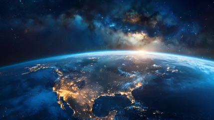 Foto op Plexiglas Satellite view of Planet Earth, focused on North America, globe map of USA, Canada and Mexico at night, sunrise on the horizon. Deep space, galaxy and star constellations on background © mozZz