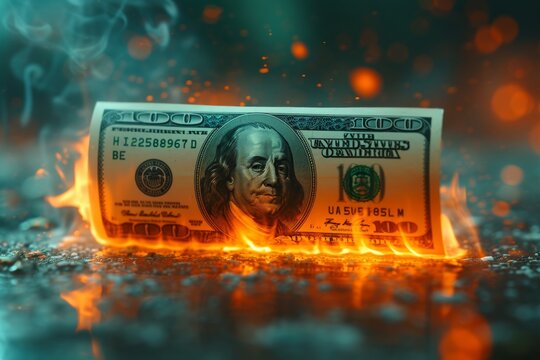Burning hundred dollar bill, economic crisis, inflation concept