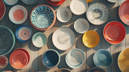 An artistic assortment of colorful ceramic plates in various shapes and patterns, displayed on a wooden surface, showcasing craft and design - obrazy, fototapety, plakaty