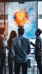 Coworkers brainstorming ideas by a whiteboard. Marketing team planning next to whiteboard in office.