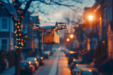 drone delivery delivering brown post package into urban city at night - obrazy, fototapety, plakaty