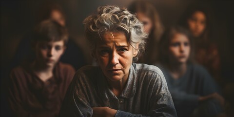 An elderly woman struggles with a bittersweet past as her grandchildren keep her company. Concept Family Bonds, Generational Stories, Memories and Reflection, Interpersonal Relationships - obrazy, fototapety, plakaty