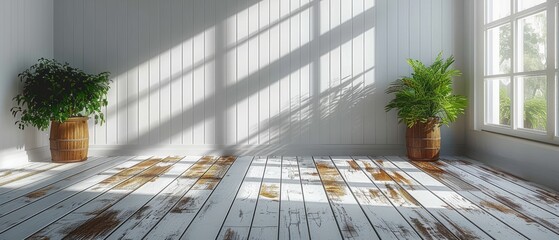 An architectural perspective of a minimal design white room interior with wood plank floors and a cast shadow of the sun on the wall.