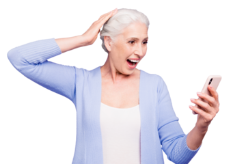 Grey haired old happy excited woman wearing casual, reading notification about winning, opened mouth. Isolated over violet purple background