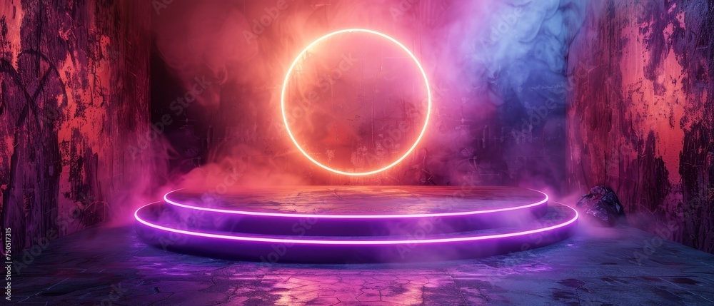 Leinwandbilder A circle neon light in a black hall room with a futuristic concept, an abstract geometric background, and a product display set against a scene with 3D rendering.