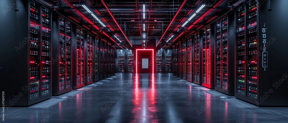 Poster Digital data centers make cloud computing in server racks. Web online service remote internet storage. Abstract concept banner with text placed centered.