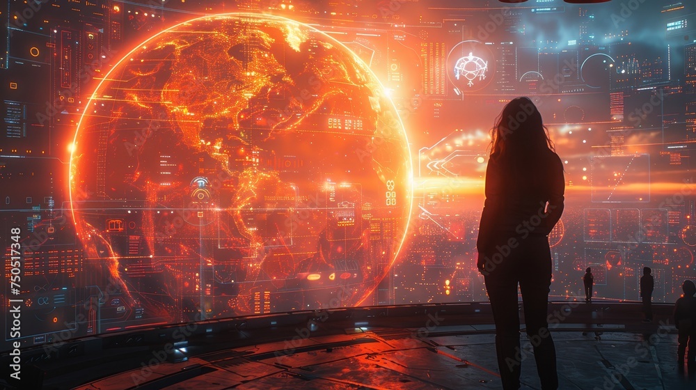 Poster a concept of global communication. a team of engineers and a futuristic gui.