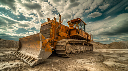 Heavy Duty Bulldozer on a Construction Site Under Cloudy Sky. - obrazy, fototapety, plakaty
