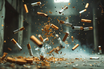 Lots of cigarettes falling, anti smoking, no smoking, lungs health care, World no tobacco day concept - obrazy, fototapety, plakaty