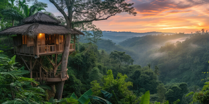  A serene treehouse nestled among lush greenery in a tropical forest at sunset.