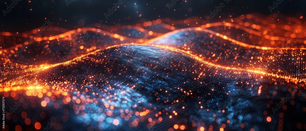 Aufkleber AI analyzes data flow in social networks. Digital analytics of big data in the internet. Cloud computing and machine learning used in process information.