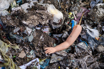 Landfill, large pile of waste. Nature pollution, environmental concept, eco activism.